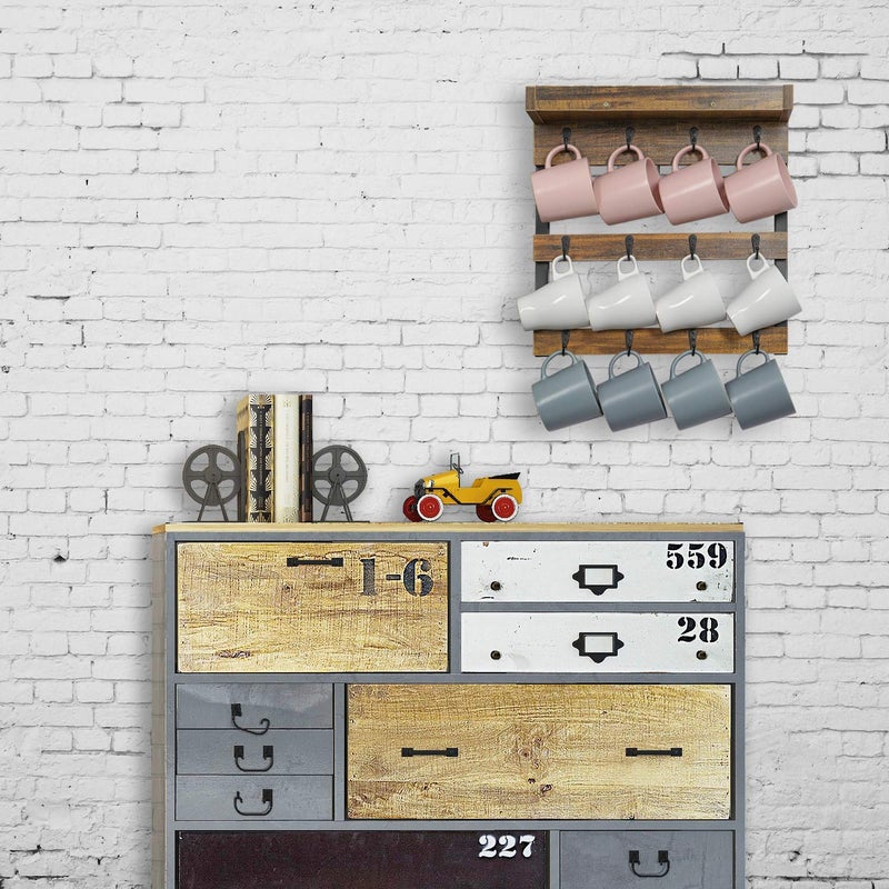 OROPY Coffee Mug Rack Wall Mounted, Rustic Wood Cups Rack with 12 Hooks and Storage Shelf, for Home Kitchen Display and Collection (Rustic Brown) - Image 3